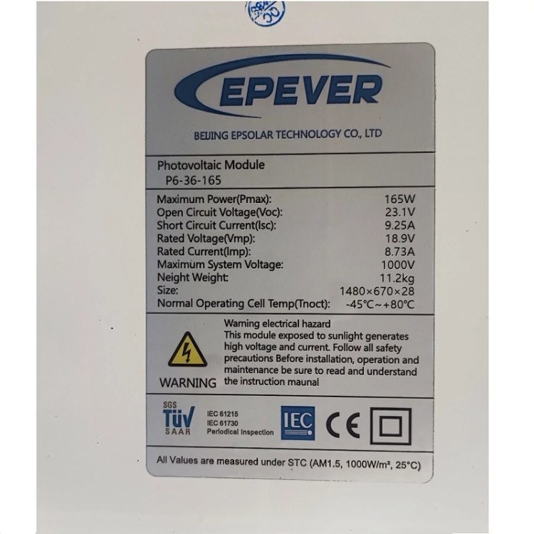 پنل خورشیدی 165 وات پلی کریستال EPEVER مدل P6‑36‑165