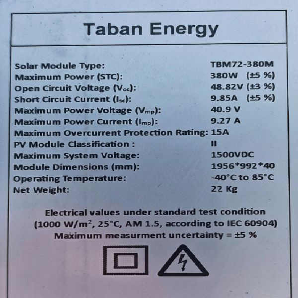 پنل خورشیدی 380 وات تابان انرژی مدل TBM72-380M