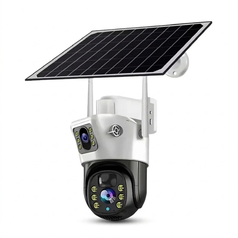 دوربین امنیتی تحت شبکه اسپیددام مدل v380 pro 4G با پنل خورشیدی، اتصال سیم‌کارت، لنز چرخشی 360 درجه، دید در شب رنگی و استاندارد IP66