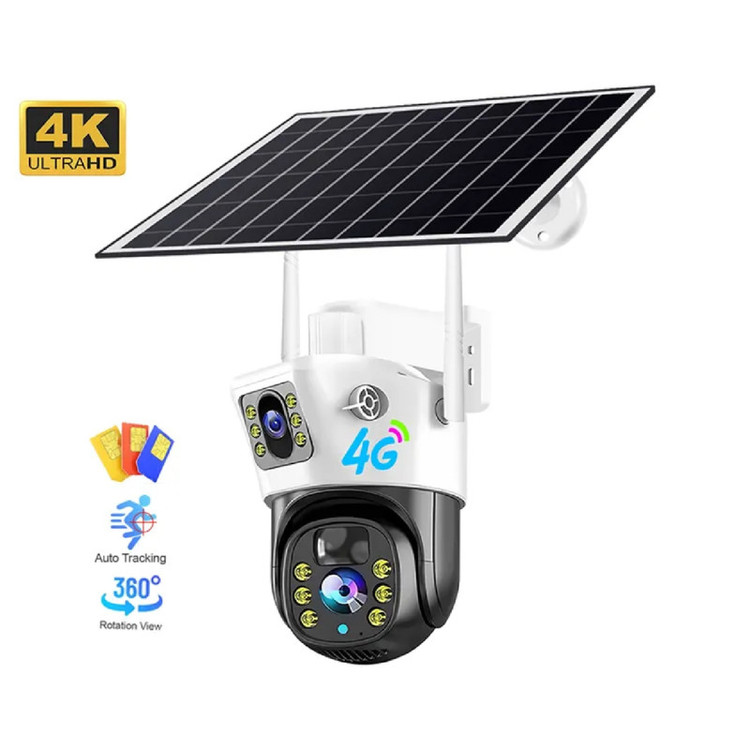 دوربین امنیتی تحت شبکه اسپیددام مدل v380 pro 4G با پنل خورشیدی، اتصال سیمکارت، لنز چرخشی 360 درجه، دید در شب رنگی و استاندارد IP66