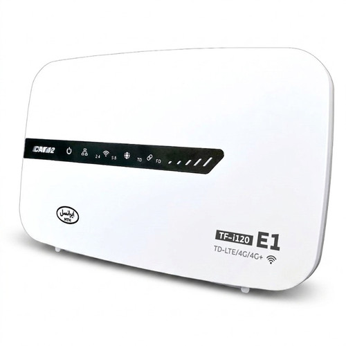 مودم 4G ایرانسل مدل TF-i120 E1 با فناوری LTE Cat 12، سرعت دانلود 600 مگابیت بر ثانیه، آپلود 100 مگابیت بر ثانیه، وایفای دوبانده 2.4 و 5.8 گیگاهرتز، پشتیبانی همزمان 50 کاربر، چهار پورت اترنت، مناسب استفاده خانگی و اداری